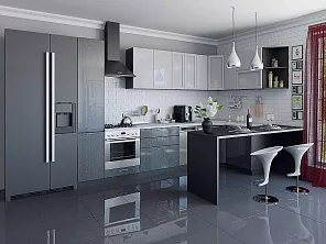 Кухня Валерия-М-05 Серый металлик дождь светлый/Черный металлик дождь 